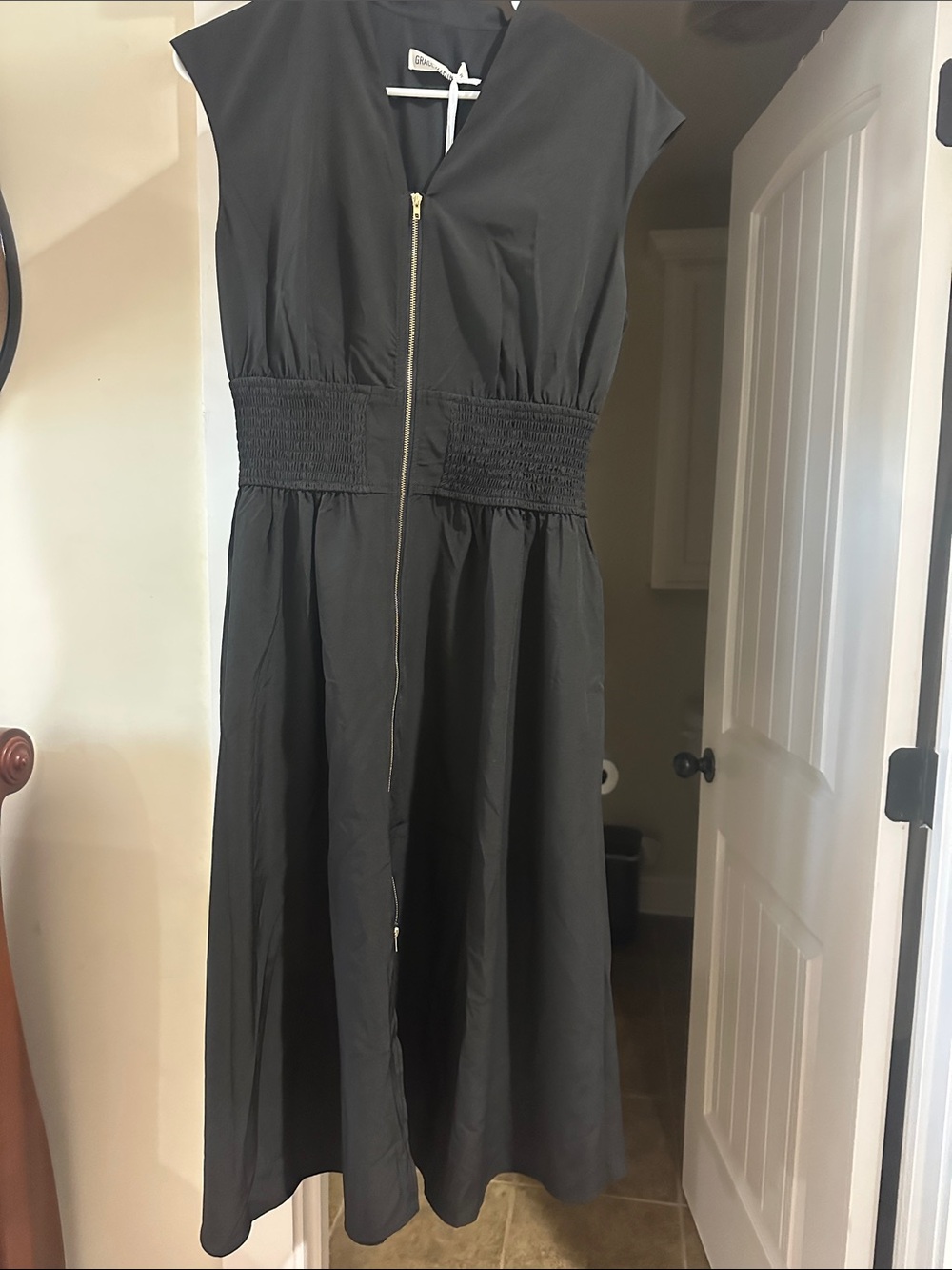 Grace Karin Black Zip-Front Women's Dress with Smocked Waist